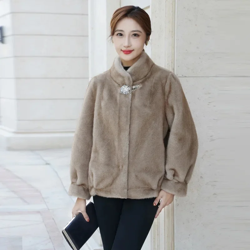 2024 New Fur One-Piece Gold Mink Fur Coat Women\'s Autumn Winter Temperament Woolen Jacket Joker Outwear Foreign-Style Ladies Top