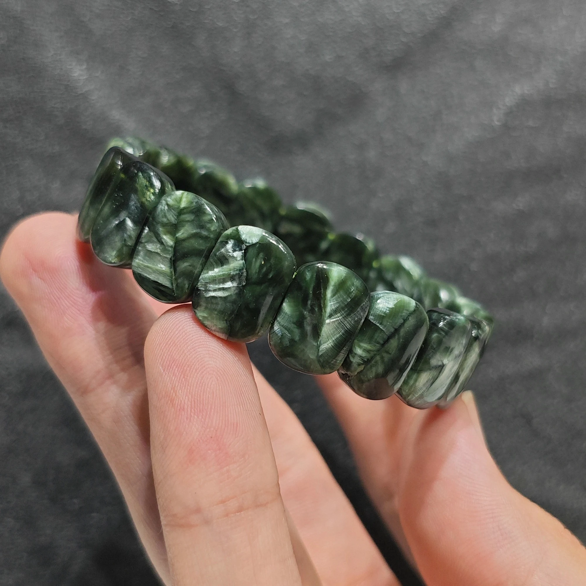 Feather Pattern Seraphinite Cuff Bracelet Natural Gemstone Block Bead Wristlet Aesthetic Fine Stacking Jewelry Present