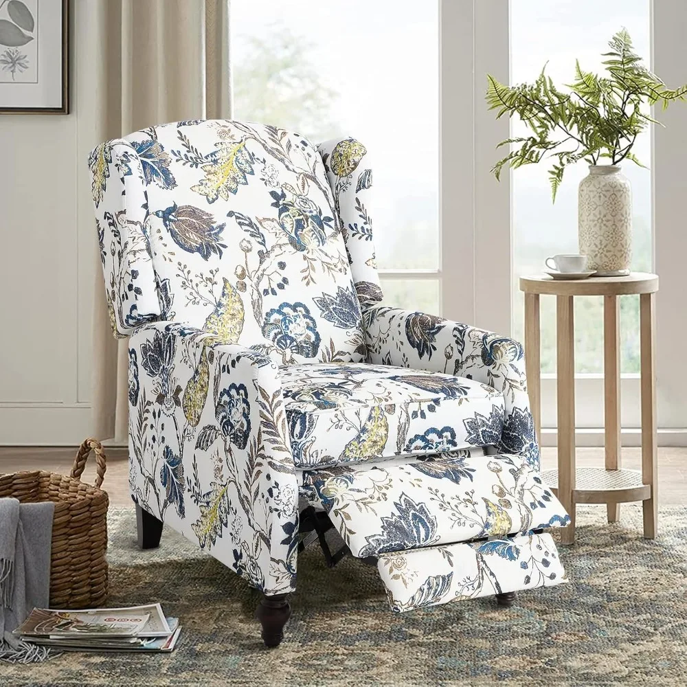 Upholstered Wingback Recliner Chair - Traditional Push Back Recliner with Padded Seat, Wingback Fabric Floral Recliner Chair