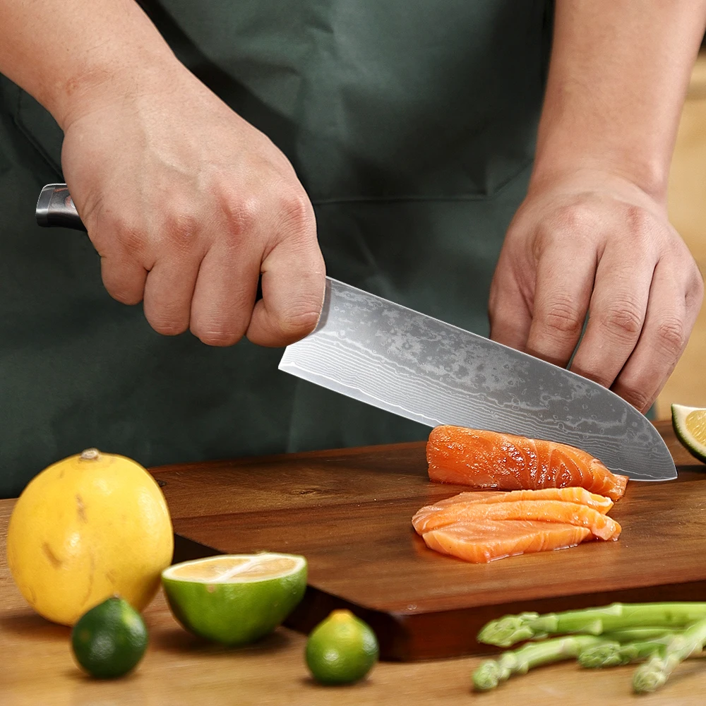 SUNNECKO-Japonês Santoku Chef Cozinha Cozinhar Faca, Aço Damasco, Carne, Frutas, Alto Carbono, Salmon Fish Slicer, Cutter Tool, 7"