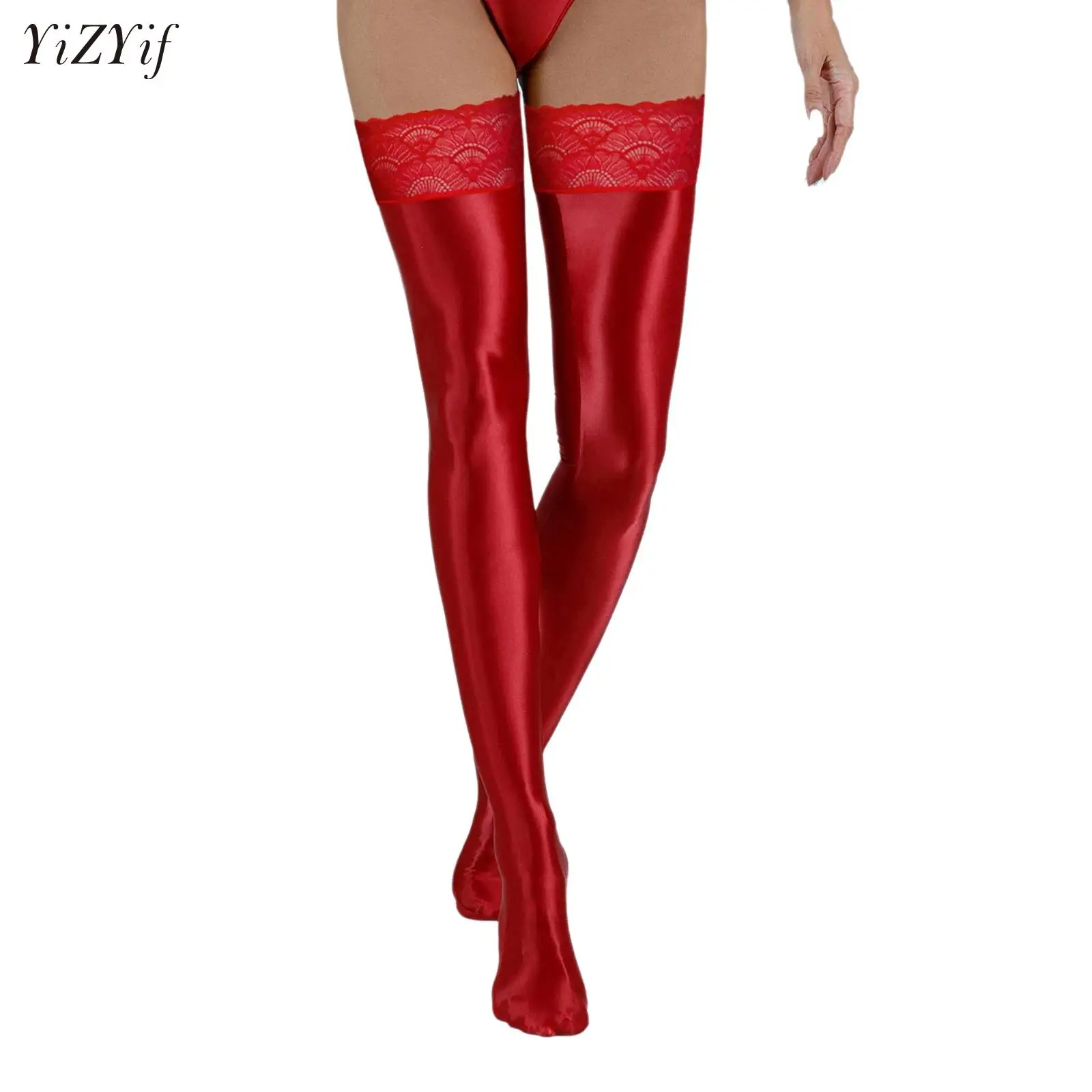 Calze autoreggenti alte in pizzo da donna Calze metallizzate lucide Collant ultra in silicone antiscivolo Clubwear Calzini sopra il ginocchio