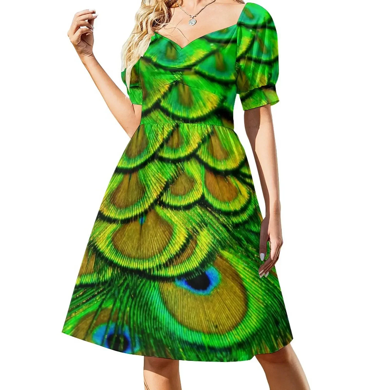 

Peacock Feathers Short-Sleeved Dress clothes Woman clothing Dress