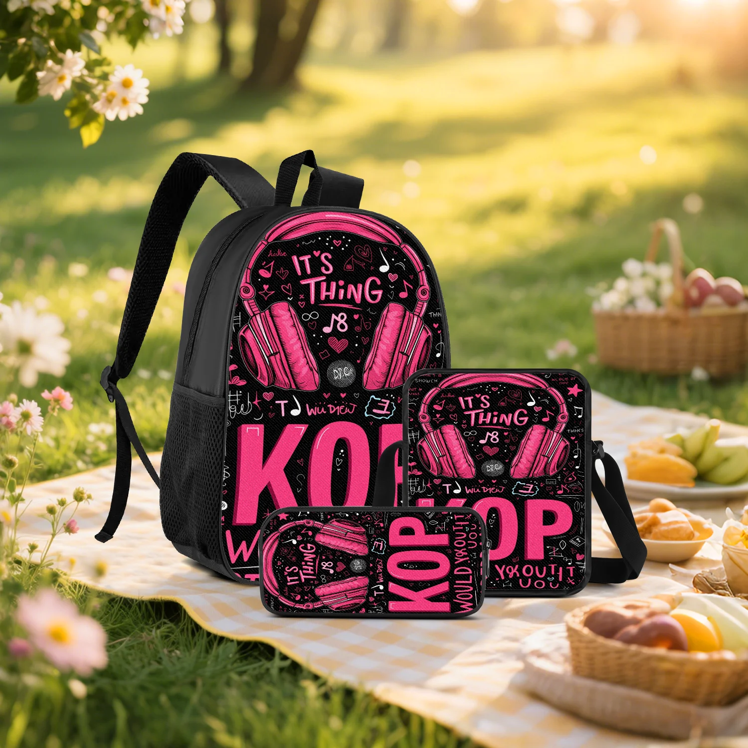 Roze Muziek Rugzakset met Schoudertas & Etui
