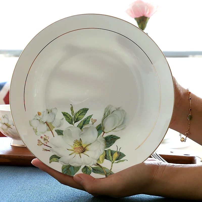 Bone China Plate Set for Household, Ceramic Dinner, Vegetable Dishes, Round Deep Plate, European Pastoral Tableware, 8 inch