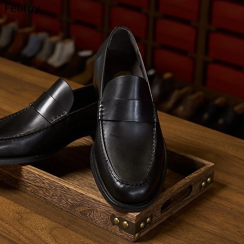 Men's Cow Real Leather Comfort Loafers Flat Casual Slip-on Spring Shoes Fashion Flats, Classic Round Toe Genuine Leather Loafer