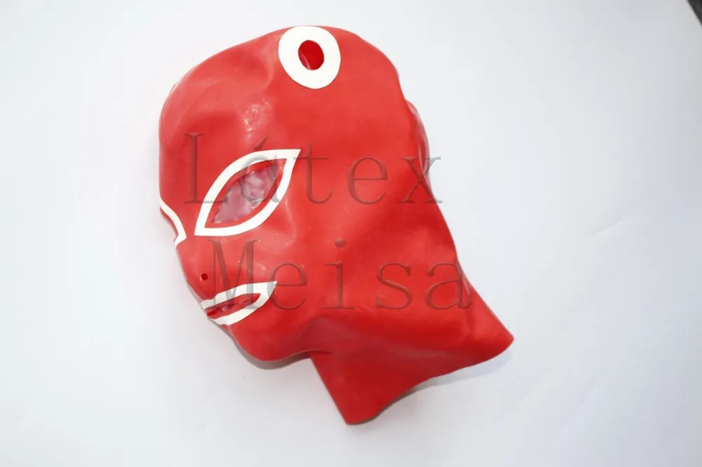 Latex hoods rubber masks open eyes nostrils and mouth and including hair holes in red with white trim colors