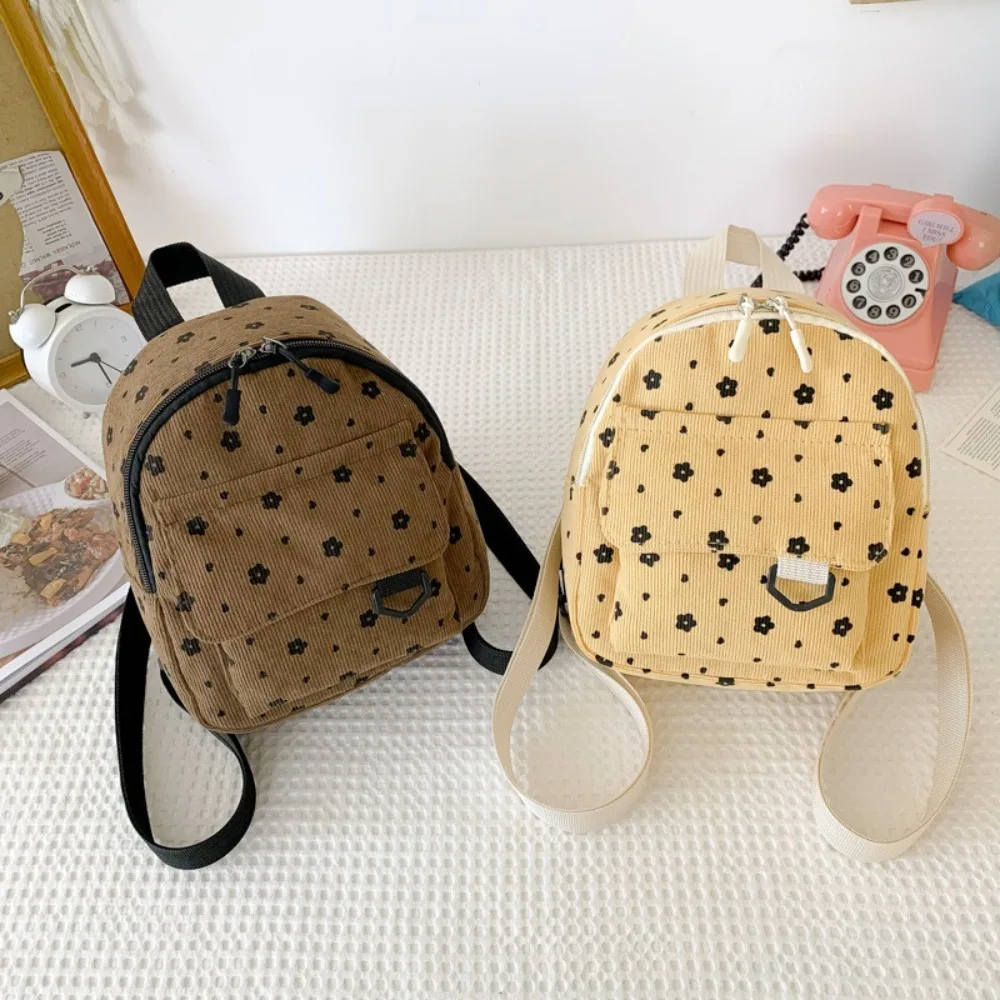 Cute Flower Print Small Backpacks Lightweight Multiple Pocket Corduroy Mini Backpack Ladies Fashion Women Shoulder Bag 4Colors