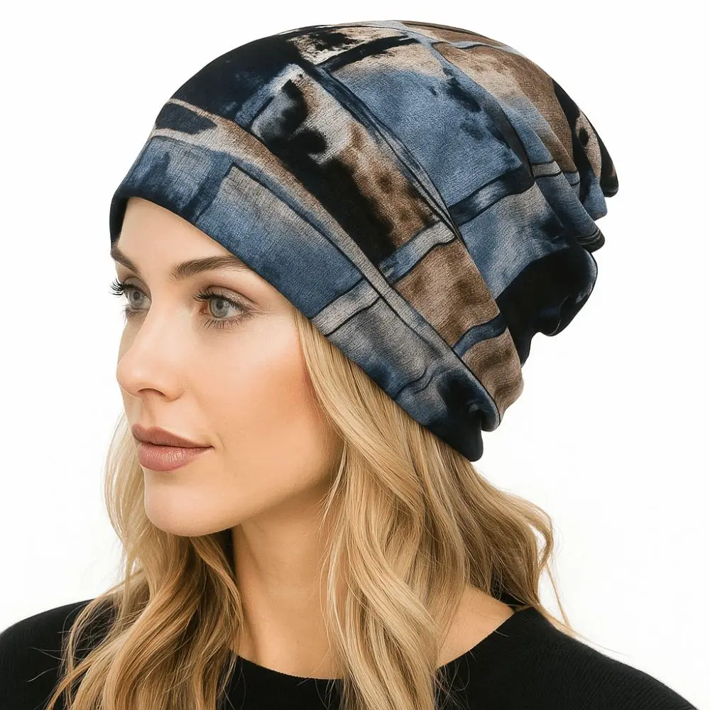Kontrastfarben Pullover Hut Plaid Print Multifunktionale Turban Hüte Schal Pullover Hut Lässige Hedging Cap Herbst und Winter