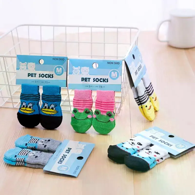 4Pcs Cartoon Pet Cat Dog Floor Anti-slip Socks Prevent Scratching And Dirt Warm Soft Pet Kitten Puppy Feet Paw Protector Socks