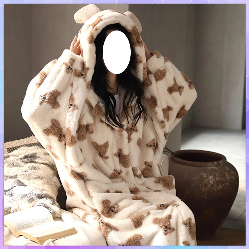 

Winter Warm Long Kimono Robe Sleepwear Women's Pajamas With Pants Set Coral Velvet Sets Cute Bear Bathrobe Flannel Home Suits