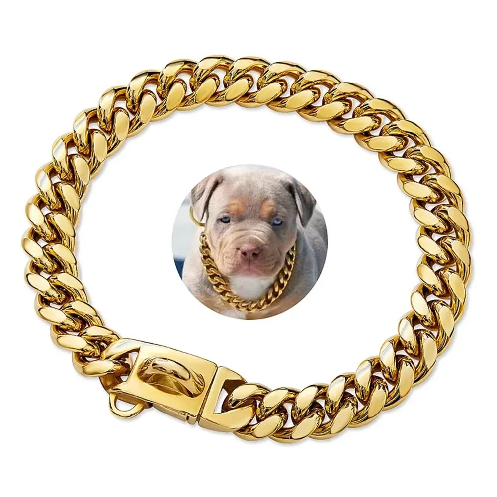 Coleira de cão de aço inoxidável com fivela de segurança, Strong Cuban Link Chain, Training Collar, Colar Dog, Walking Collar, 15mm