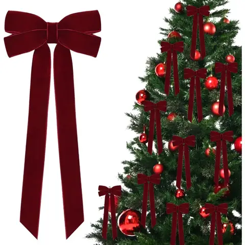5/10Pcs Burgundy Velvet Bow Ornaments 23CM Christmas Tree Decorations Pendant Xmas Bow Home Party Holiday Navidad Decor Supplies