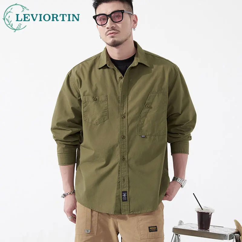 

Men's Cargo Shirt Long Sleeve Premium Cotton Solid Color Japanese Streetwear Simple Handsome Chest Pocket Outdoor Work Shirst