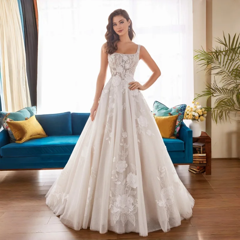 3D Floral Lace Appliqués A-Line Wedding Dress Square Neck Beaded Wide Straps Sparkle Tulle Skirt With Chapel Train Customizable