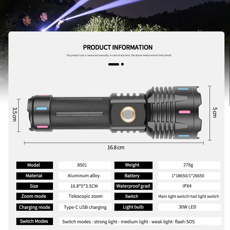 Most Powerful Shot Long Flashlight  Rechargeable Torch Light High Power LED Flashlight Tactical Lantern can as Power Bank