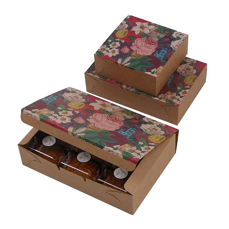 5pcs Chinese Style Flower Printed Kraft Paper Mooncake Packaging Boxes Foldable Candy Pastry Baking Cake Gift Box