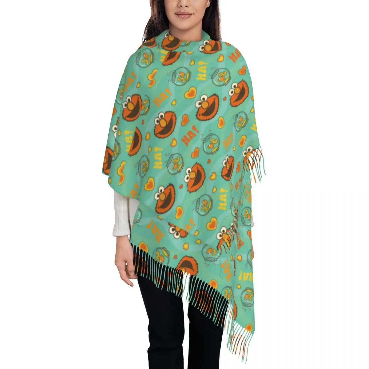 Cookie Monster Elmo And Goldfish Pattern Scarf for Women Fall Winter Shawls and Wrap Long Shawl Scarf Ladies