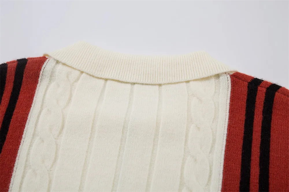 Suéter con cremallera y solapa de manga larga con contraste de Color, moda europea americana para hombres y mujeres, suéteres informales sueltos con rayas de Jacquard