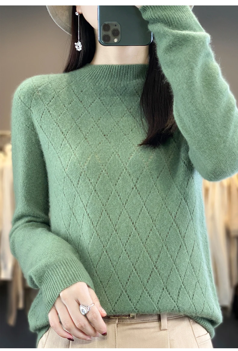 Autumn and winter half turtleneck wool knitted pullover women's long-sleeved diamond check warm cashmere sweater