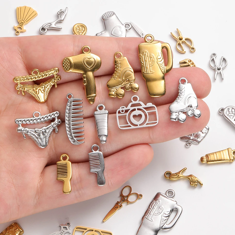 5pcs Real Gold Plated Stainless Steel Articles For Daily Use Charms Comb Scissors Camera Hair Dryer Teapot Simulate DIY Pendant