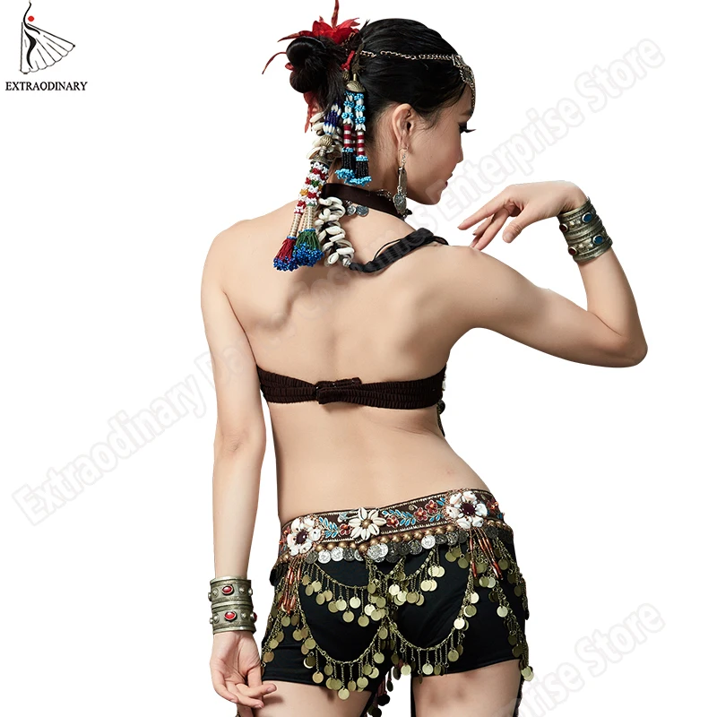 Tribal Costumes Vintage Women Belly dance Bra Belt pants Set Tribal Gypsy Hip Scarf Handmade Coin Stage Performance