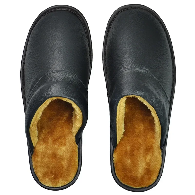 Luxury Cow Split Leather Men's Handmade Men Home Slippers Spring Slip on Soft Comfortable Black Brown Bedroom Indoor Flat Shoes