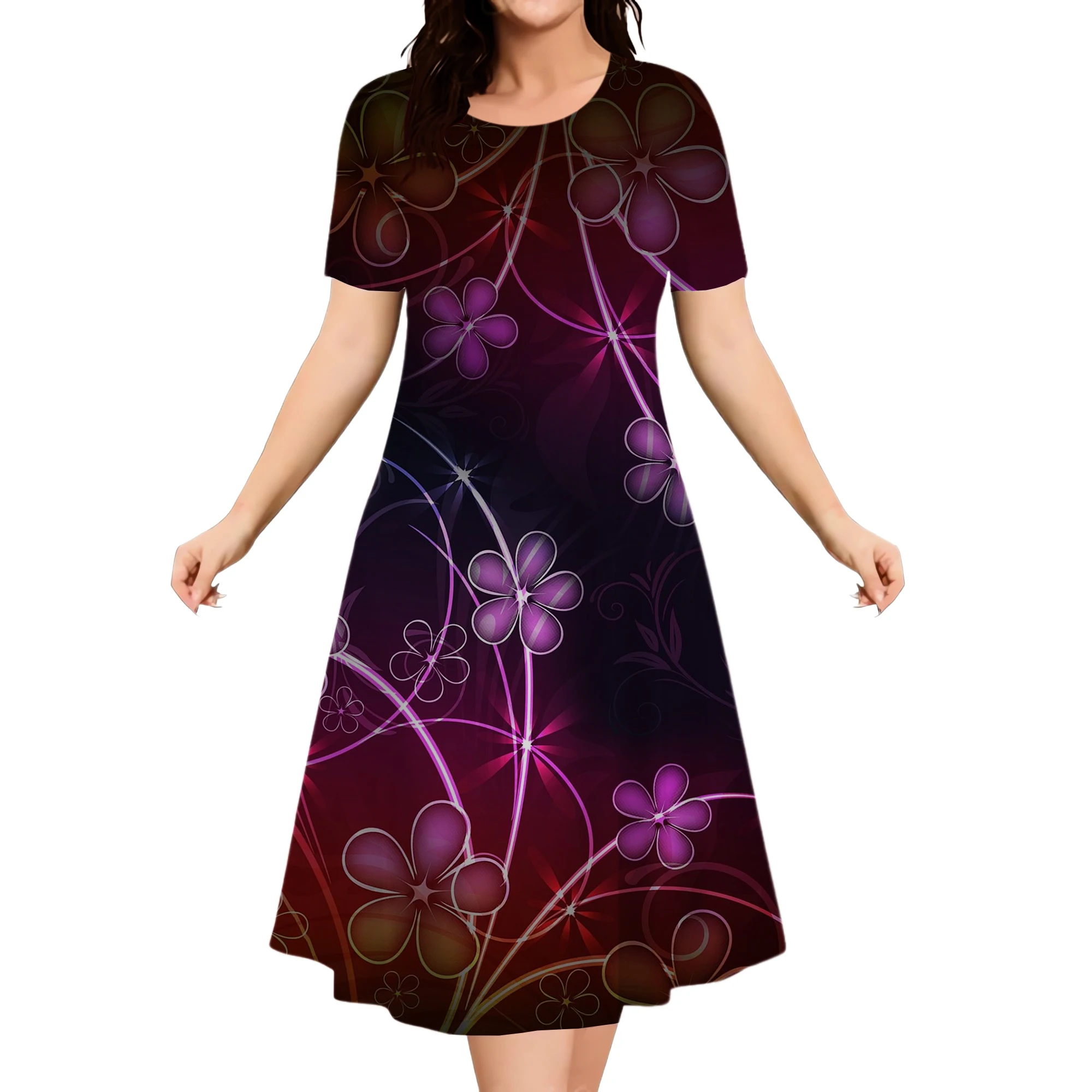Summer Elegant Ladies New Dresses Fashion Street Round Neck Short Sleeve Dress Women Casual 3D Print Loose Plus Size Female 2024