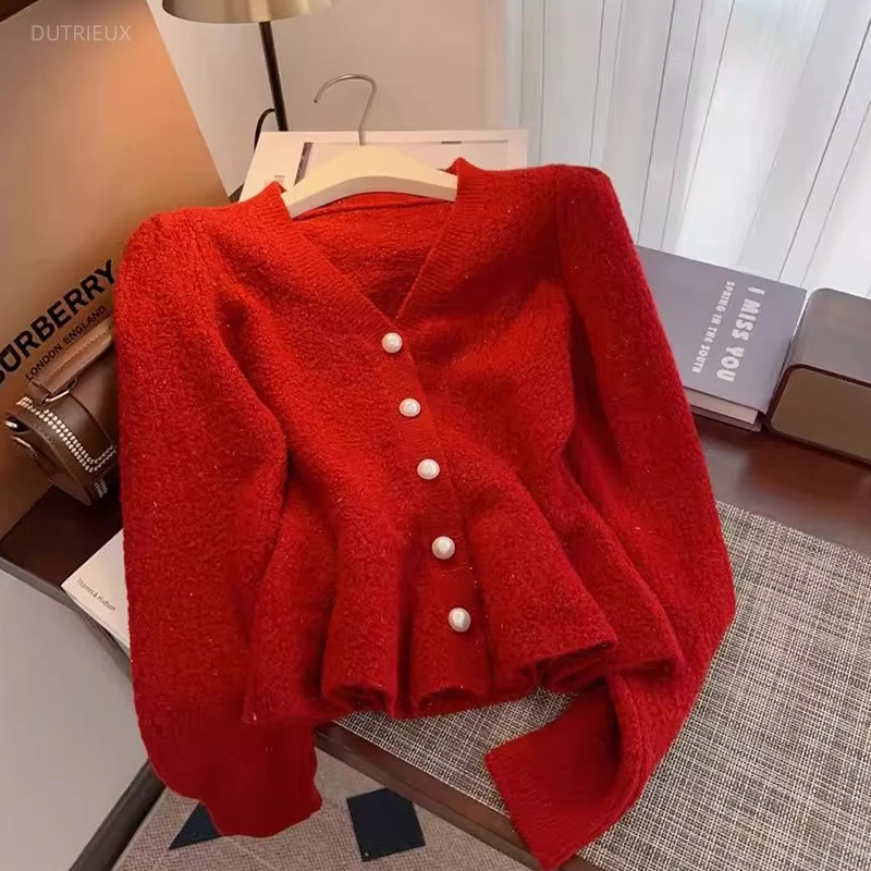 French Eleagnt Samll Fragrance V Neck Long Sleeve Knitted Cardigan Y2k Autumn A-line Pleated Pullover Single Breasted Sweater
