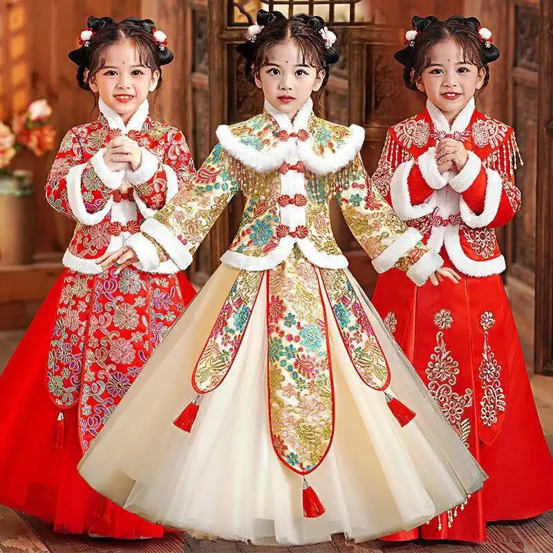 

Satin New Year Dress Two piece Winter Little Girl Performance Hanbok Christmas Dress Halloween Chinese New Year Dress