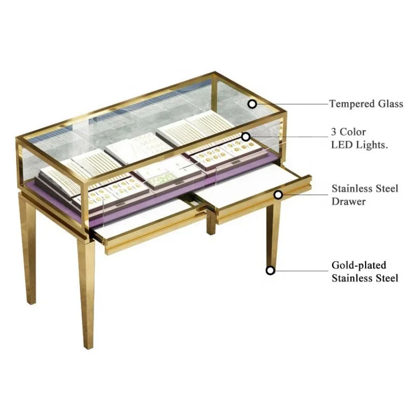 custom.SUNDO Luxury Glass Window Led Light Metal Jewelry Display Cabinet Jewellery Shop showcase