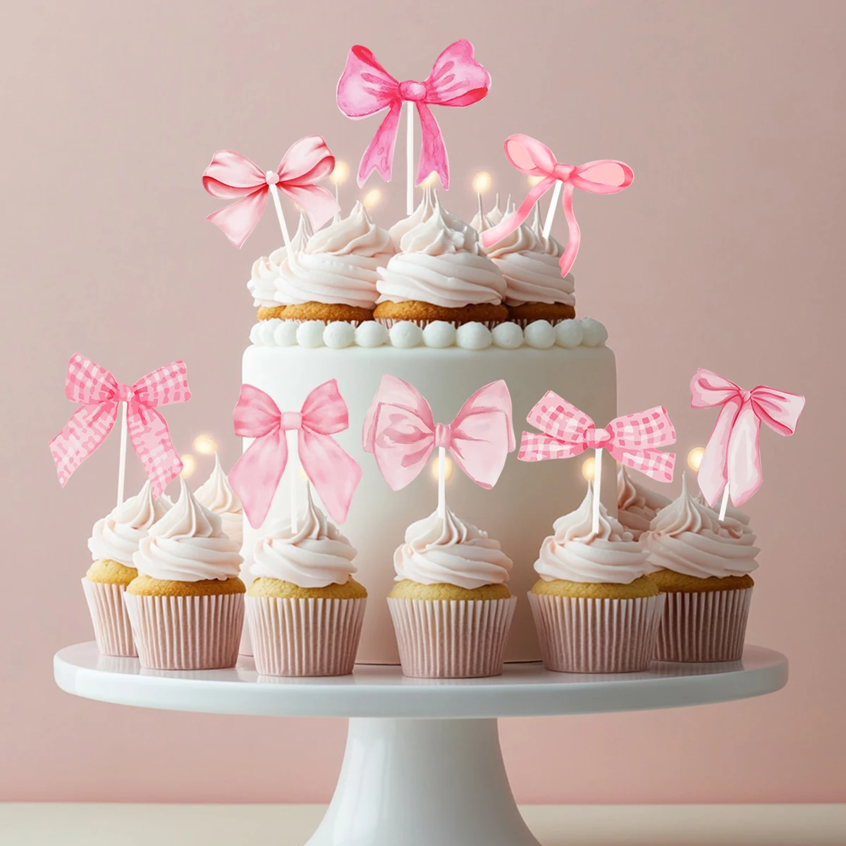 16 Stück Cupcake-Topper mit rosa Schleife, rosa Schleife, Geburtstagsdekoration, Schleife, Mottoparty-Dekoration, Brautparty, Kuchen-Topper, Schleife, Party-Dekoration