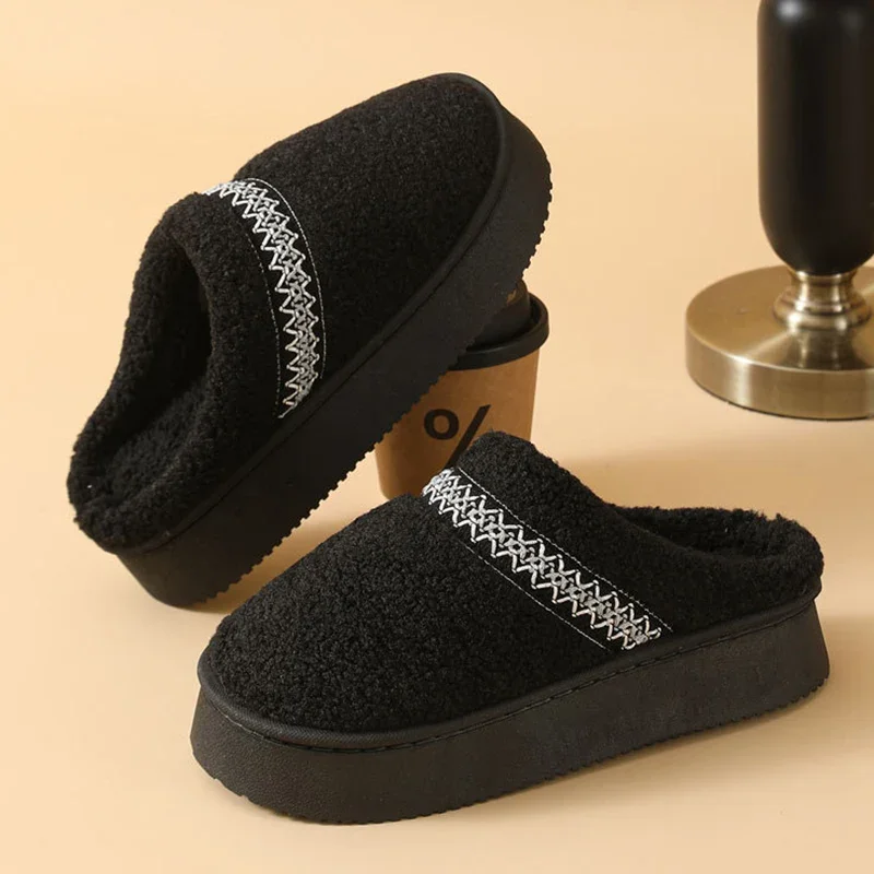 Retro Embroidery Platform Plush Slippers Women 2026 Winter Lambswool Warm Cotton Slippers Woman Non Slip Thick Sole Home Slides