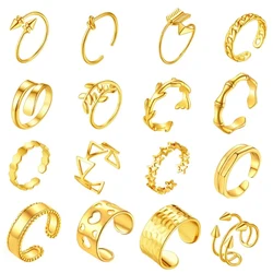 U7 Multiple Styles 14K Gold Color Open Ring Cuffs for Women Arrow Heart Leaf Bamboo Layers Wrapped Resizable Ring Jewelry Gift
