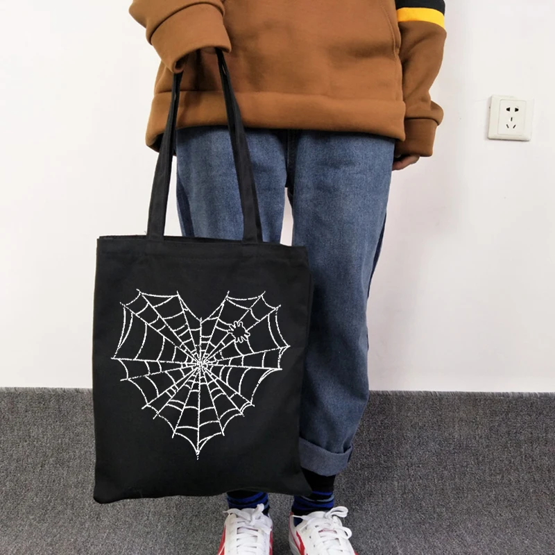 New Spider Web Cartoon Print Bag Harajuku Japanese Anime Shoulder Bags Ulzzang Black Vintage Canvas Bag Kawaii Chic Shopper Bag