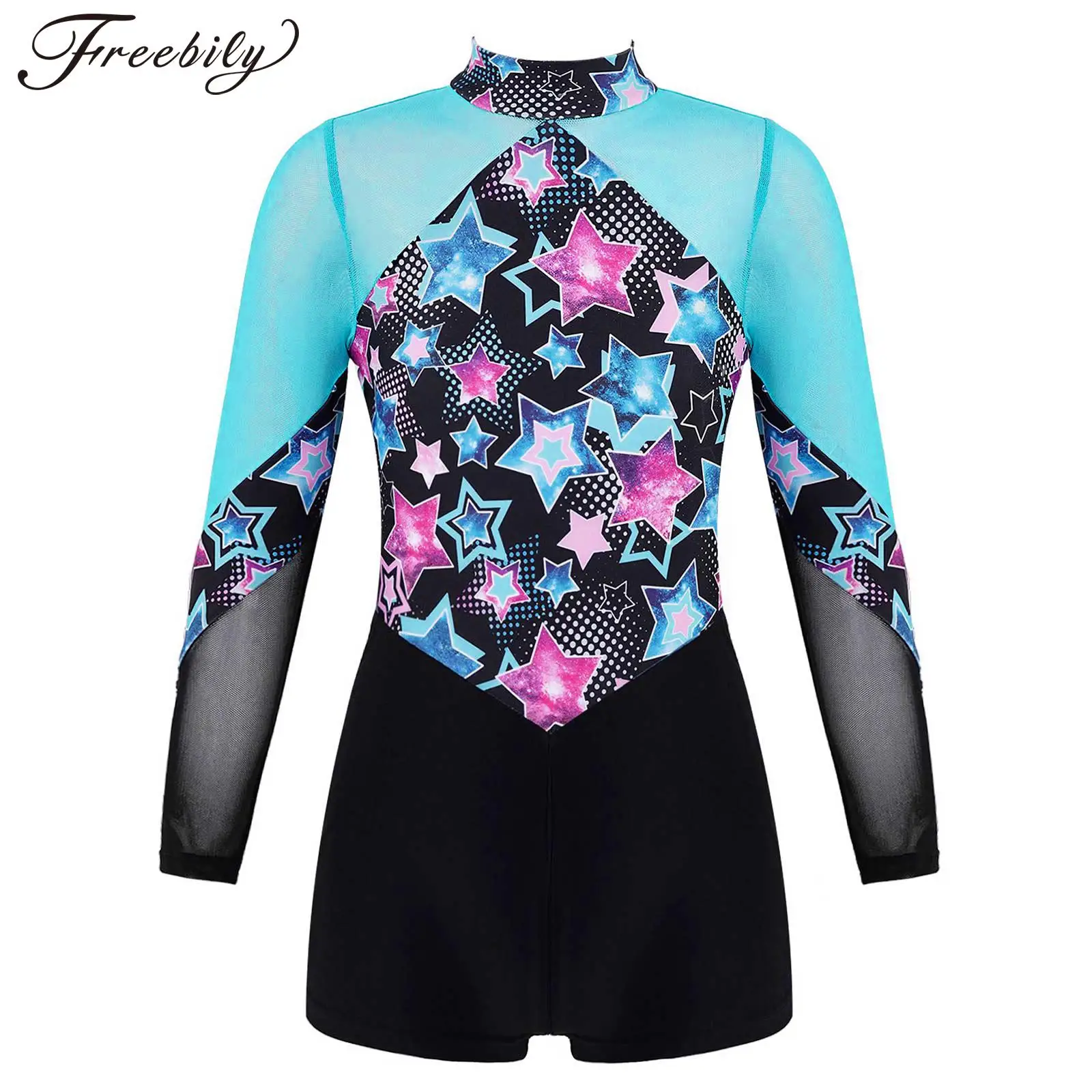 Kids Girls Long Sleeve Ballet Leotards Sheer Mesh Patchwork Print Boxer Bodysuit Dance Gymnastics Training Performance Costume