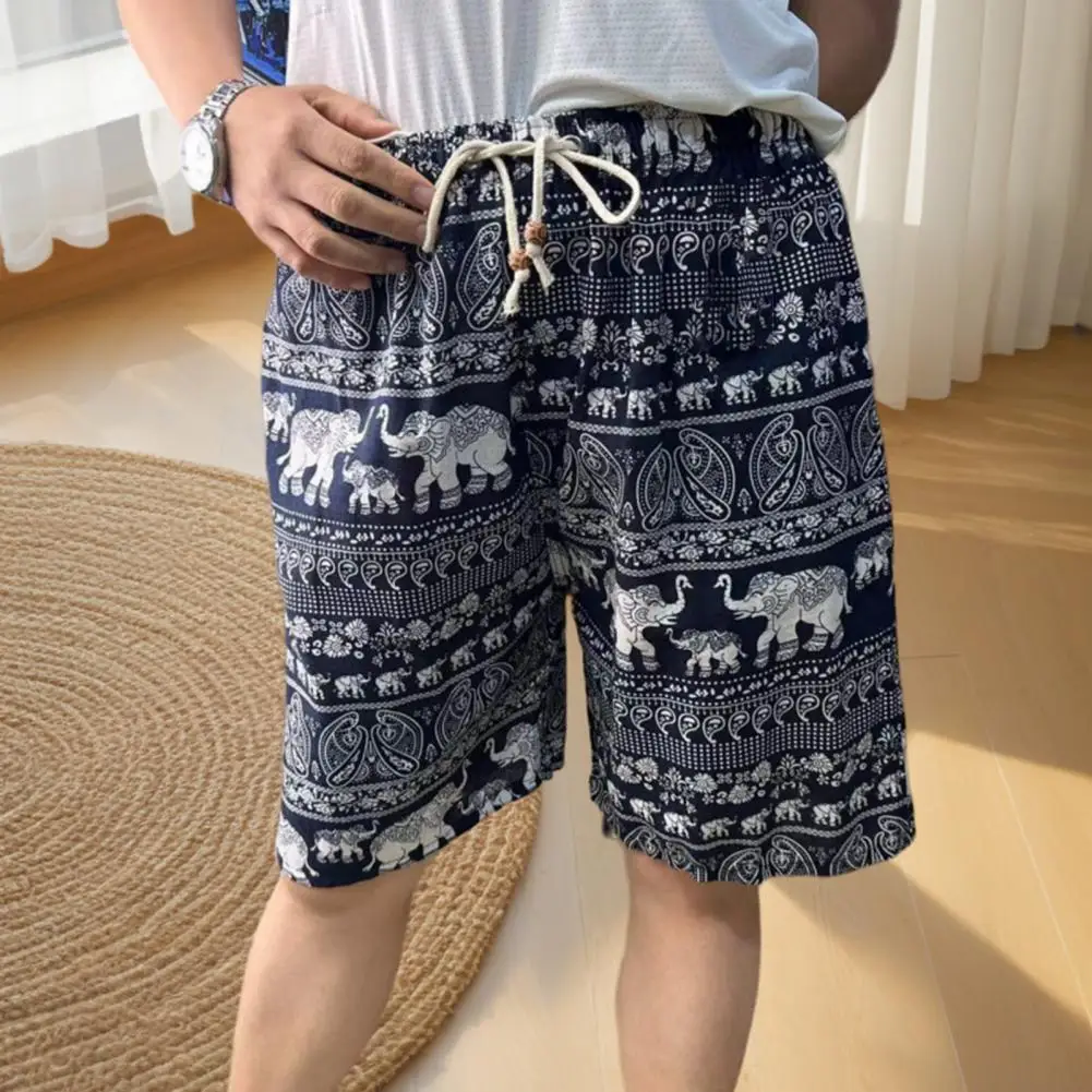 Men Summer Shorts Elephant Pattern Wide Leg Vacation Shorts Casual Elastic Waist Adjustable Drawstring Quick Drying Beach Shorts