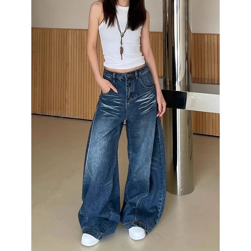 

American Retro High Waist Wide Leg Jeans Female High Street Y2k 2000s Casual Pants Women Washed Blue Loose Denim Trousers