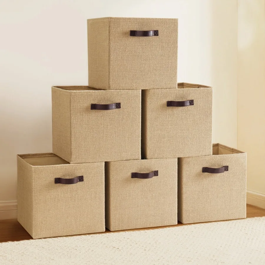 

Home 10.5 x 10.5 Storage Cube Bins, 6 Pack Jute Baskets, Fabric Storage Bins Shelf Basket Cube Organizer for Closet Foldable Co