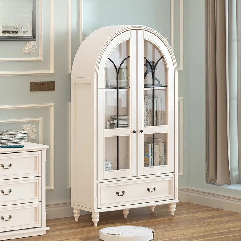 

Solid wood French American retro light luxury glass door door door wine cabinet arch dustproof bookcase storage display cabinet