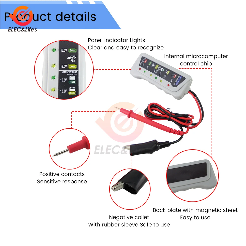 12V 6 LED Car Motorcycle Tester Fault Detector Battery Testers Digital Alternator Test Car Diagnostic Auto Repair Tools