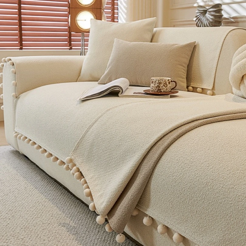 1pc Solid Texture Teddy Chenille Sofa Cover with Cute Fuzzy Balls Decor, for Living Room Couch Seat Pad All Seasons Sofa Towel