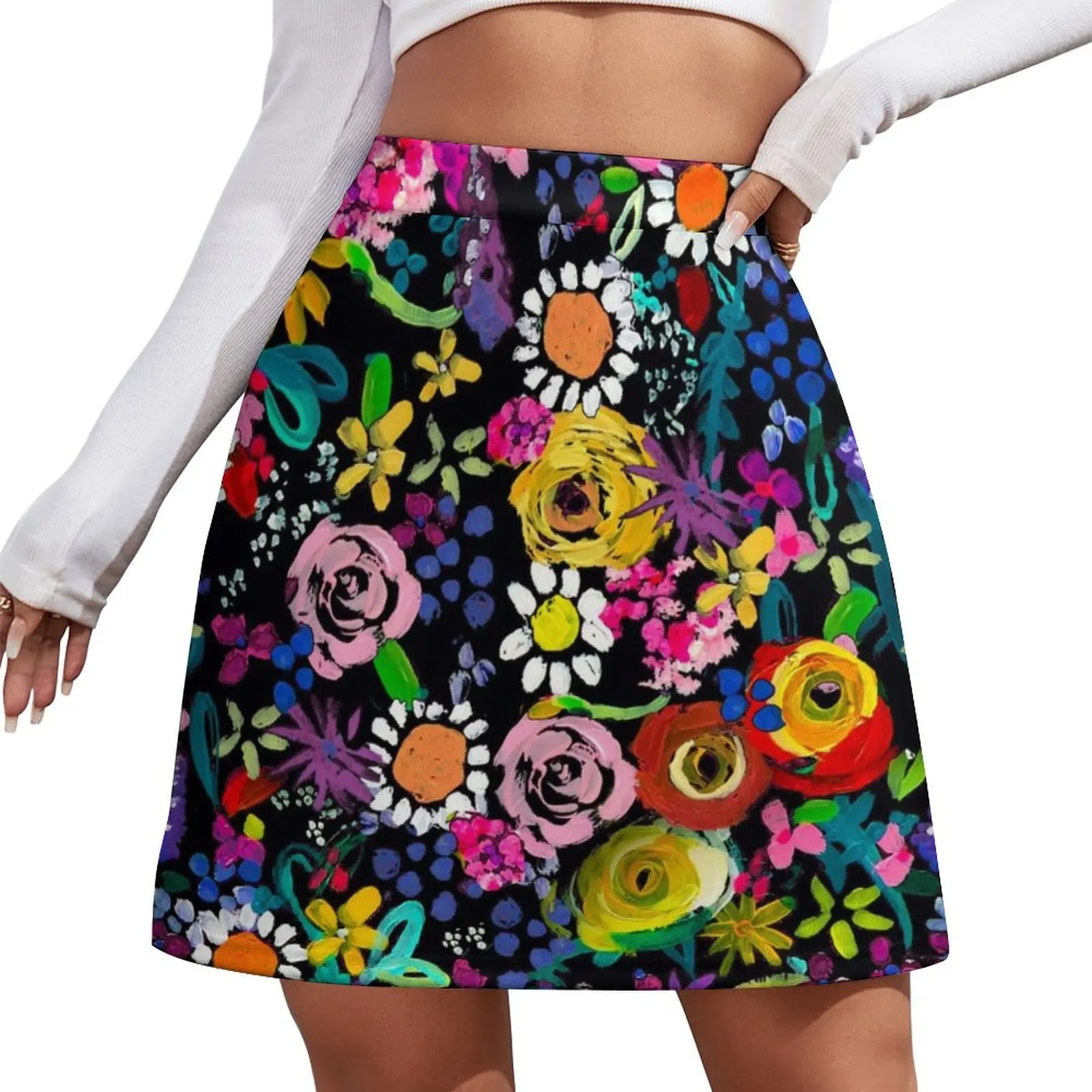 Les Fleurs Vibrant Floral Pintura Impressão Mini Saia vestido roupas para mulher Mini Saia