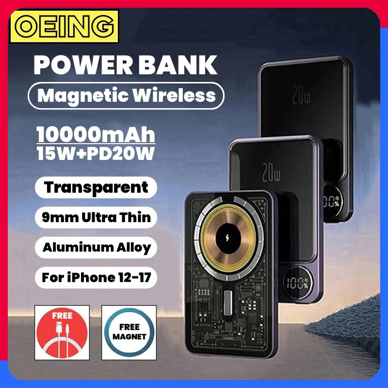 

10000mAh Transparent Magnetic Wireless Power Bank 20W Fast Charging Powerbank External Battery For Magsafe iPhone Xiaomi Samsung