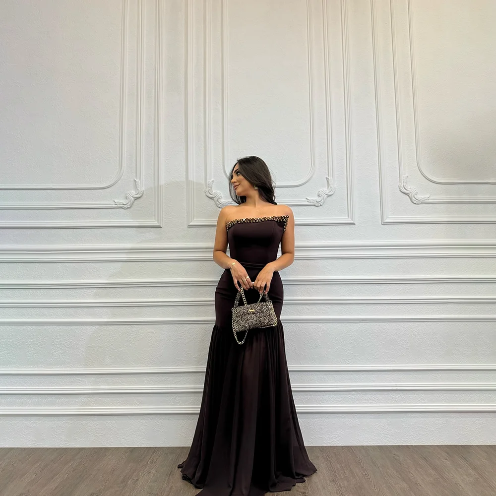 

Luxury Evening Gowns Leeveless Mermaid Long Jersey Prom Dress Customized Dark Purple Evening Dress for Woman Strapless Crystals