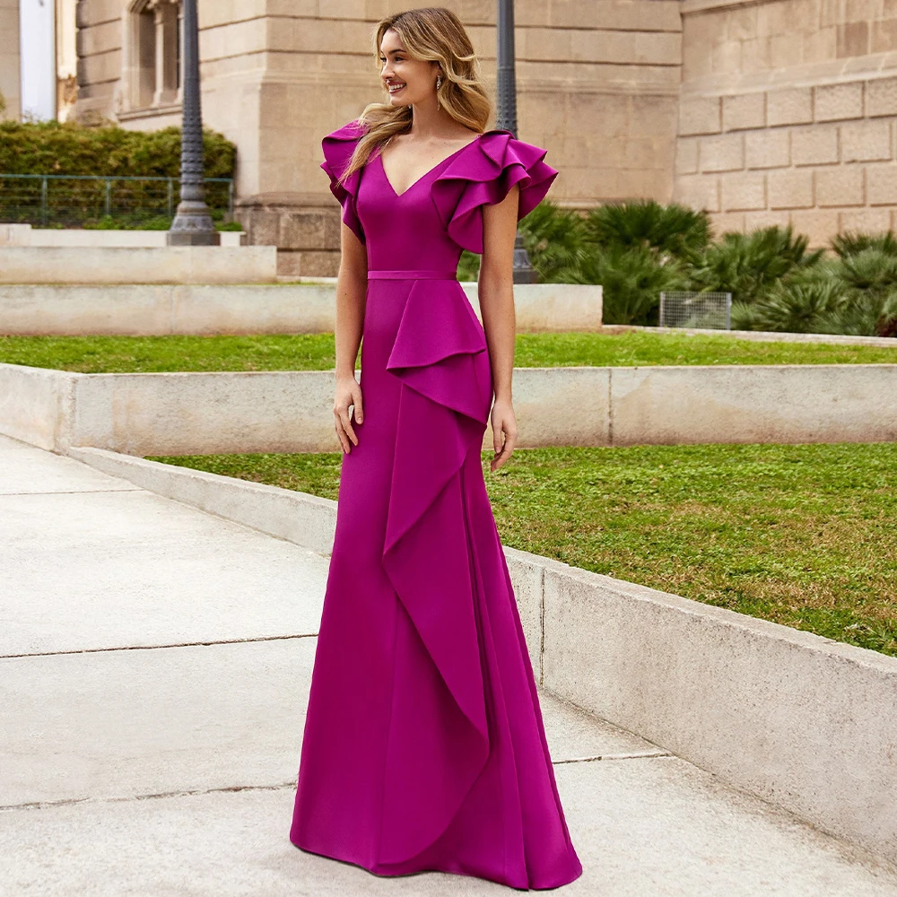 

Elegant Mother of the Bride Dresses Mermaid Ruffle V Neck Wedding Guest Gown for Women 2023 Trumpet Formal Evening Dress Fuchsia