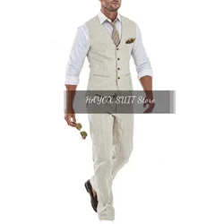 Linen Men's Suit Vest Slim Fit V-Neck Single Breasted Business Formal Wedding Groomsmen Tuxedo Chalecos