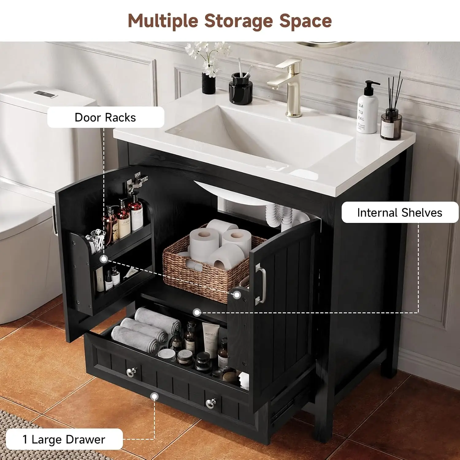 Solid Wood Legs, 1 Drawer, Nickel-Plated Handles, Arched Door, Storage Bath Cabinet for Guest Bathroom, Small Place, Customized