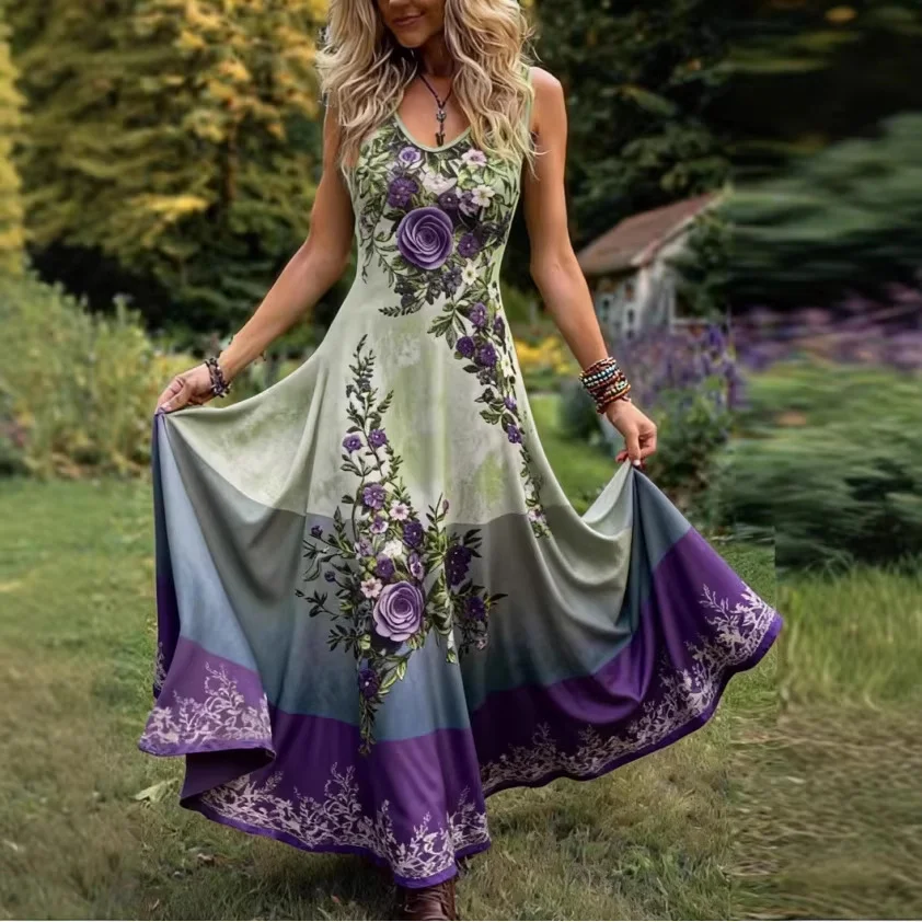 Damen-Maxikleid mit böhmischem Blumendruck, ärmellos, V-Ausschnitt, hohe Taille, A-Linie, langes Kleid, Vintage-Boho-Stil, lässiges Sommer-Party-Sonnenkleid – Detail 4