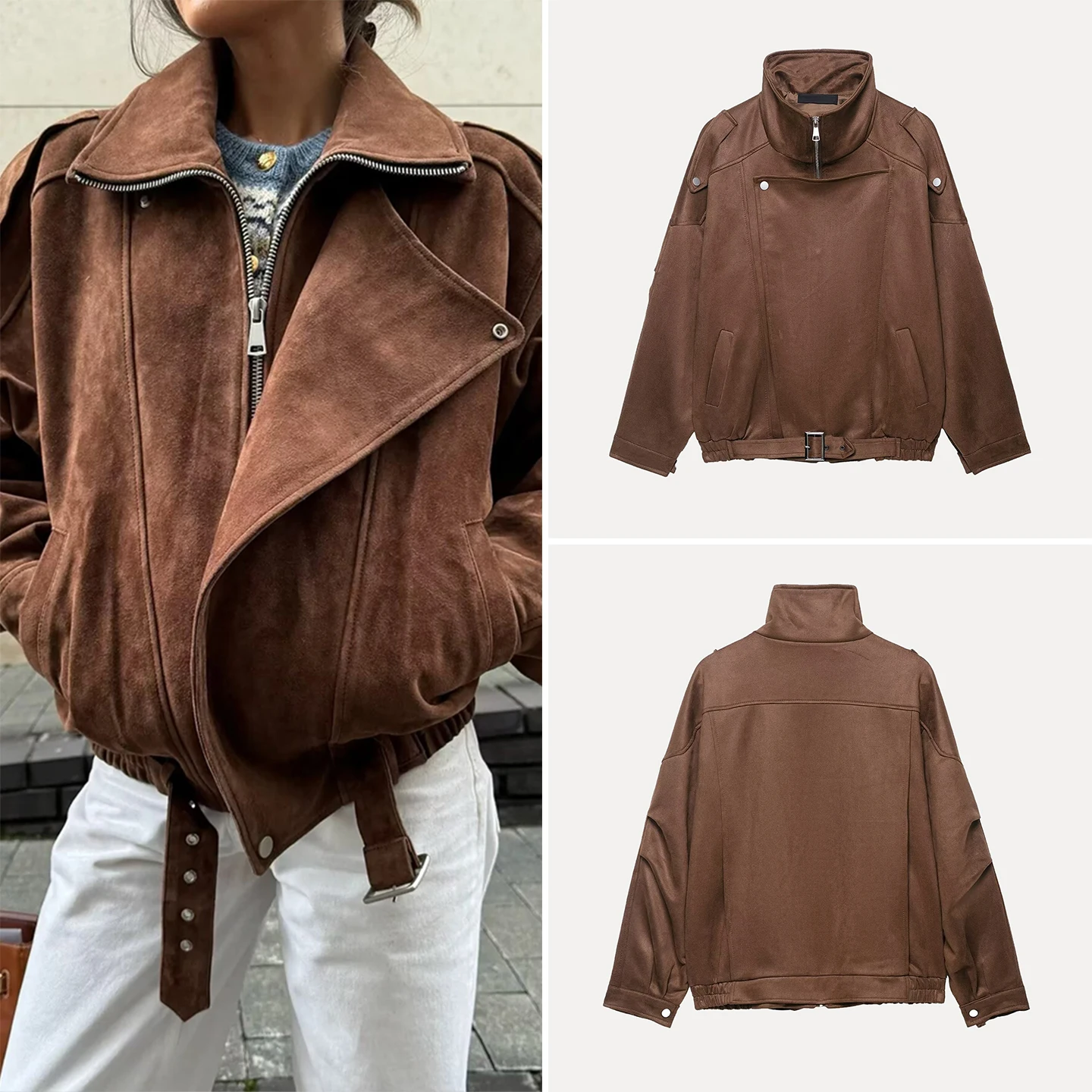 Fall 2025 Women's Faion Loose Zipper Deer Suede Jaet Personalized Work Resumption ort Outerwear Ladies' Premium Clothing