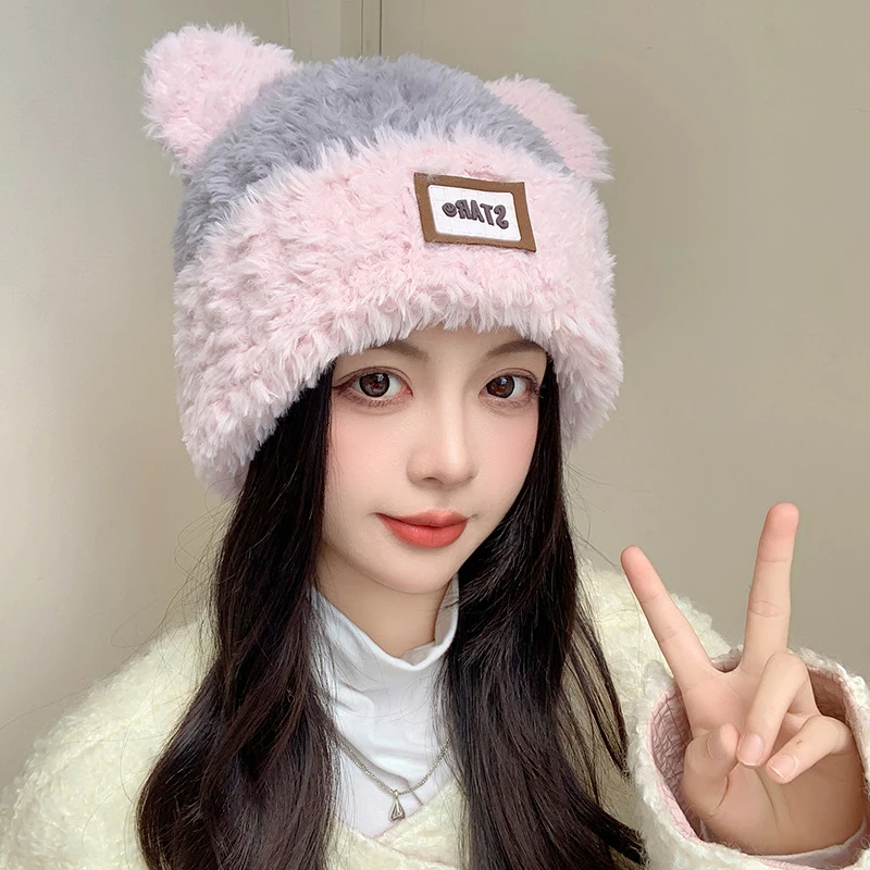 Cute Cat Ears Soft Plush Knitted Cold Hats For Women Autumn And Winter Outdoor Fashion Warm Versatile Pullover Beanies